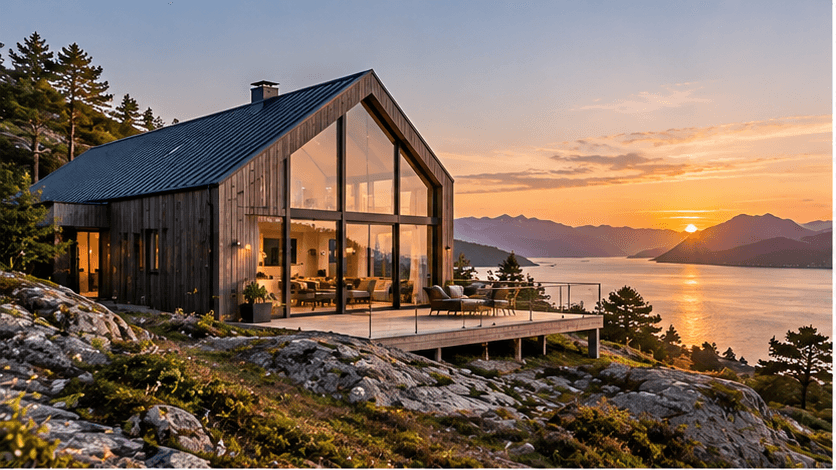 Moderne trehus ved fjorden i solnedgang