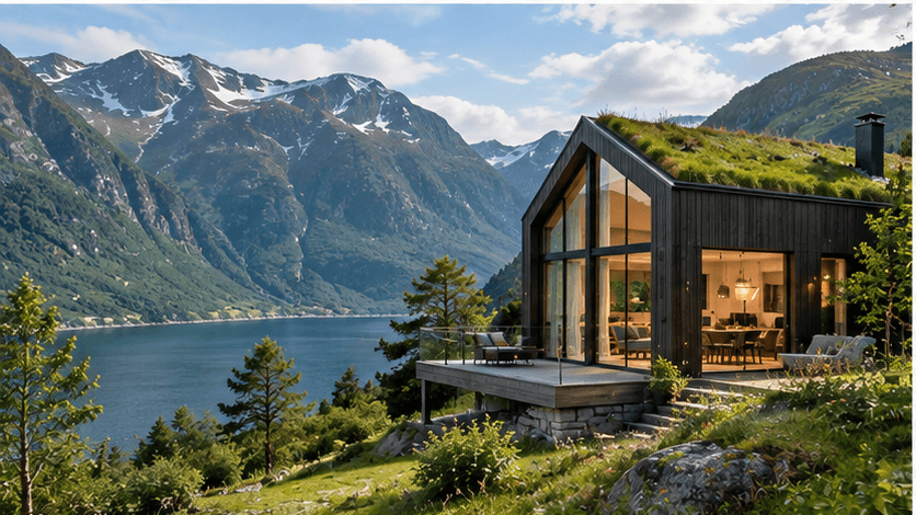 Moderne glasshus ved fjell og fjord